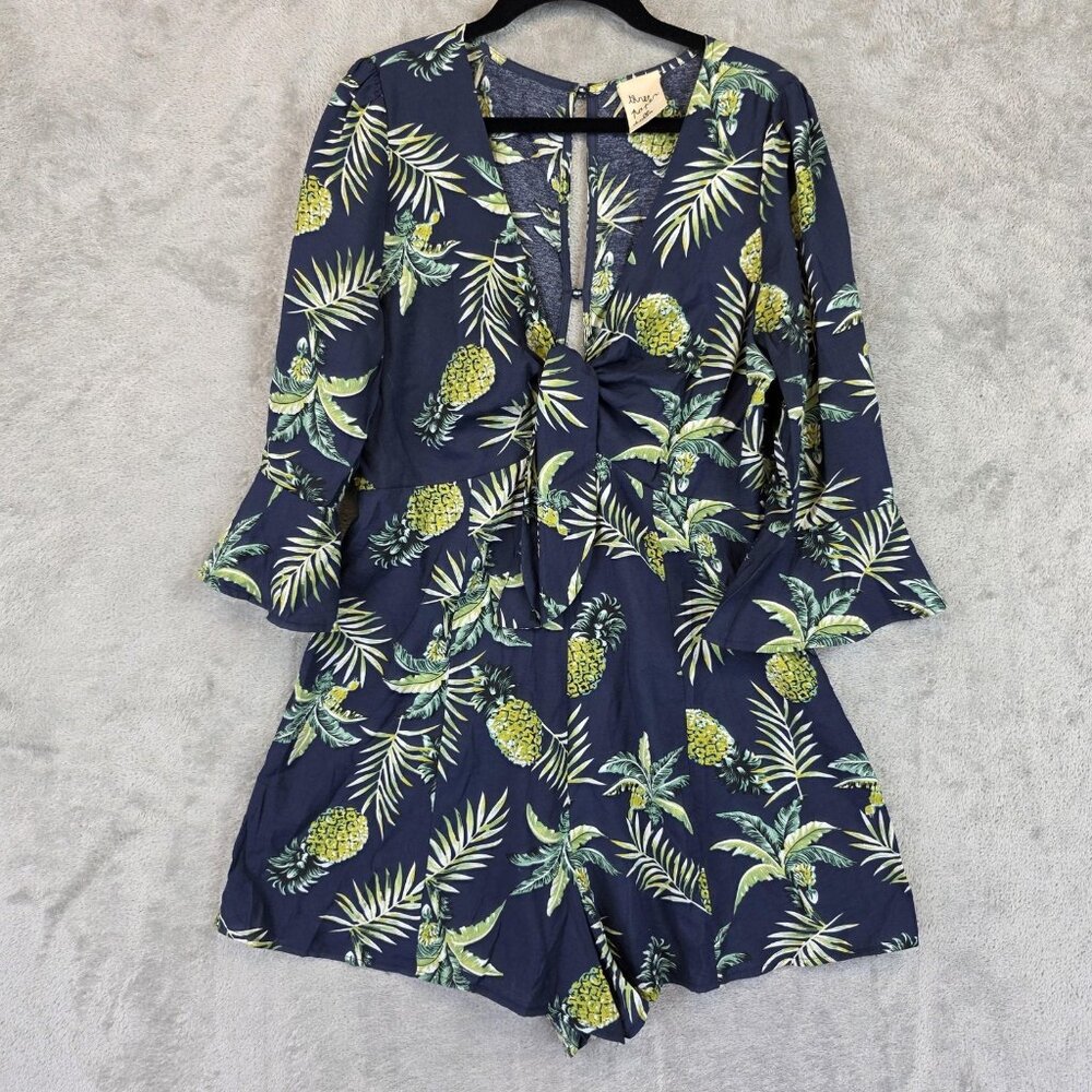 Three Paper Dolls Romper Womens Medium Navy Pineapple Tie Front Bell Sleeve